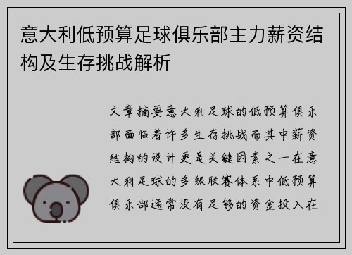 意大利低预算足球俱乐部主力薪资结构及生存挑战解析